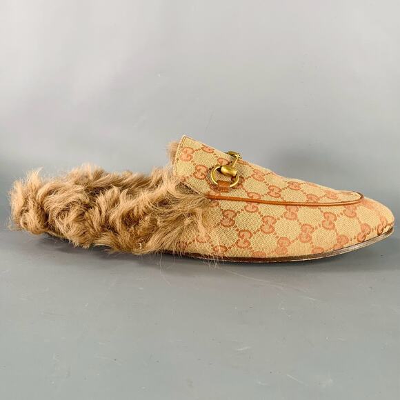 GUCCI Size 11.5 Guccissima Beige Rust Monogram Canvas Slip-On Loafers - Picture 2 of 8